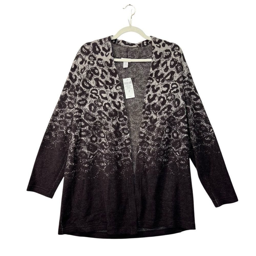 New Chico's Women's 100%Wool Knit Animal Print Ombre Open Cardigan Size 2 large